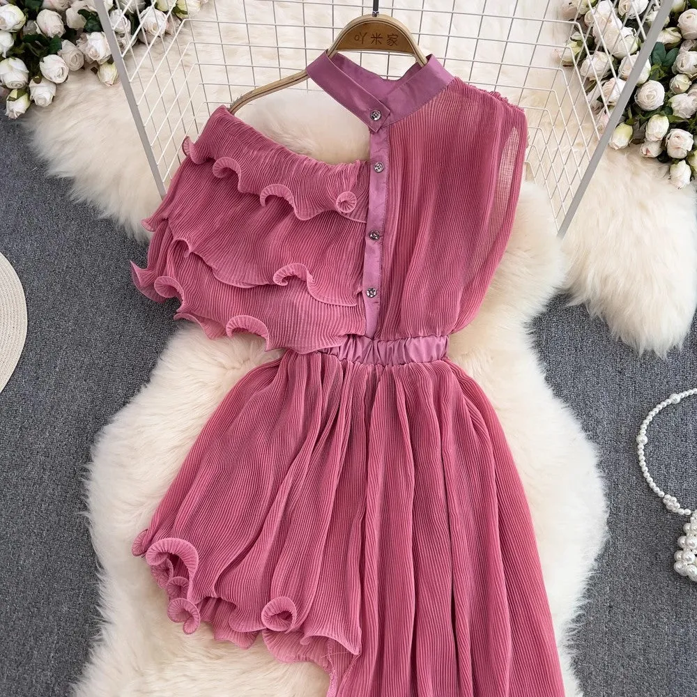 irregular mid-length skirt fashionable a-line pleated dress for women    S4425