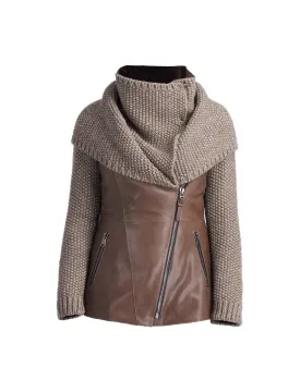 Ivory Taupe Knitted Wool/Leather Jacket