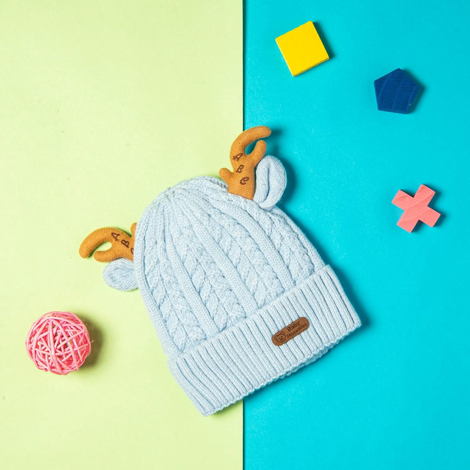 Knit Woollen Cap 3D Alphabet Antler Blue