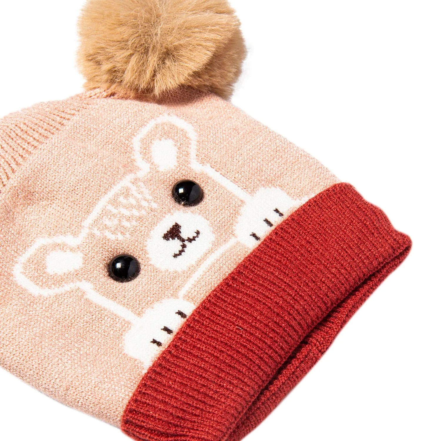 Knit Woollen Cap Pom Pom Bear Peach