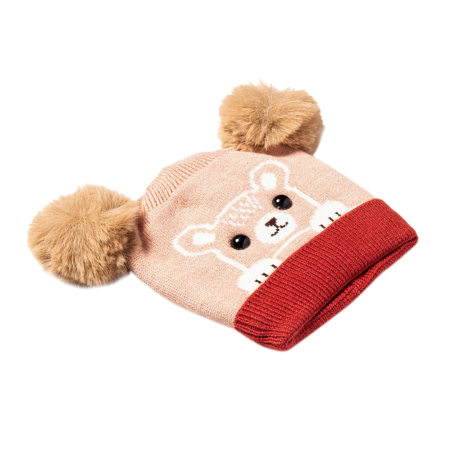 Knit Woollen Cap Pom Pom Bear Peach