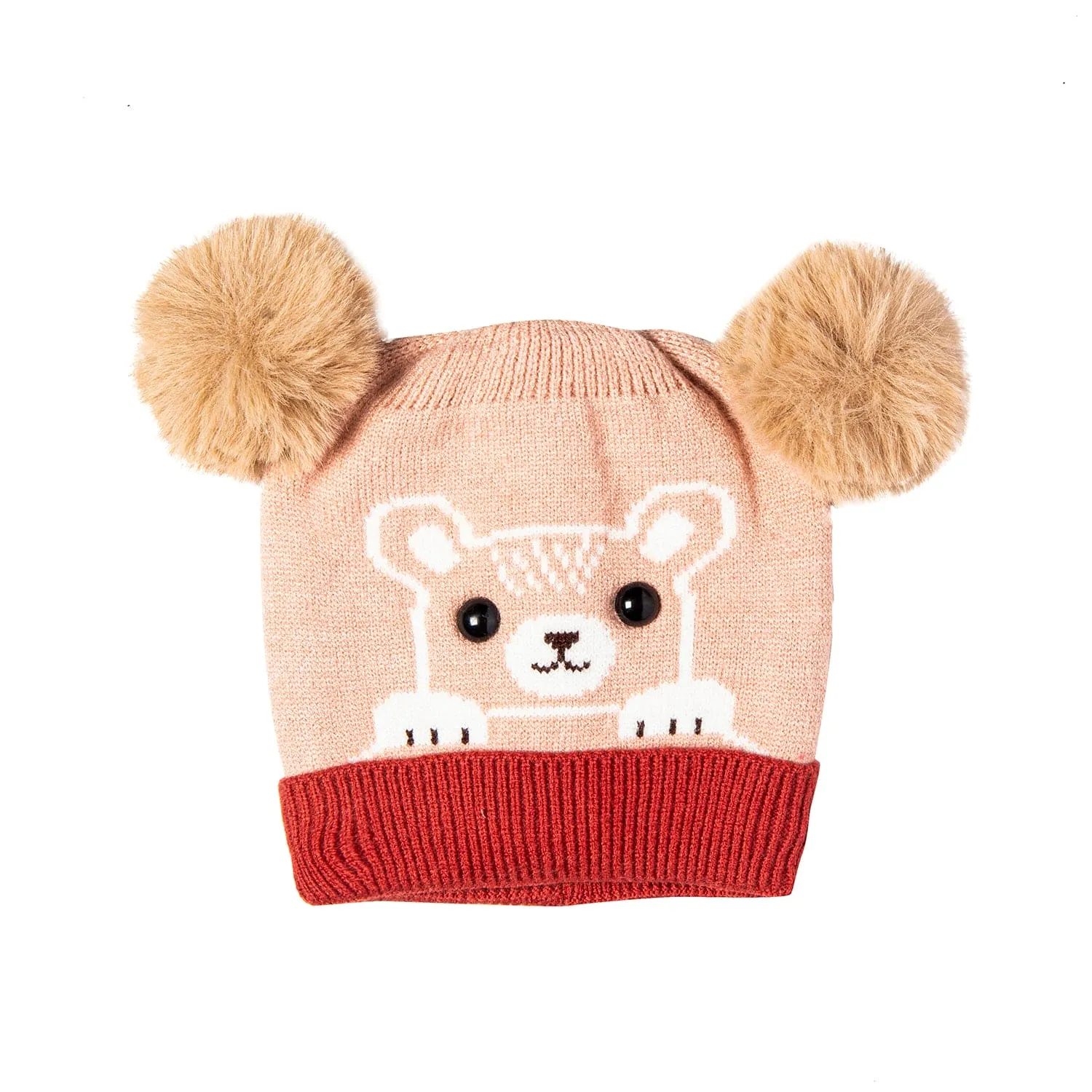 Knit Woollen Cap Pom Pom Bear Peach