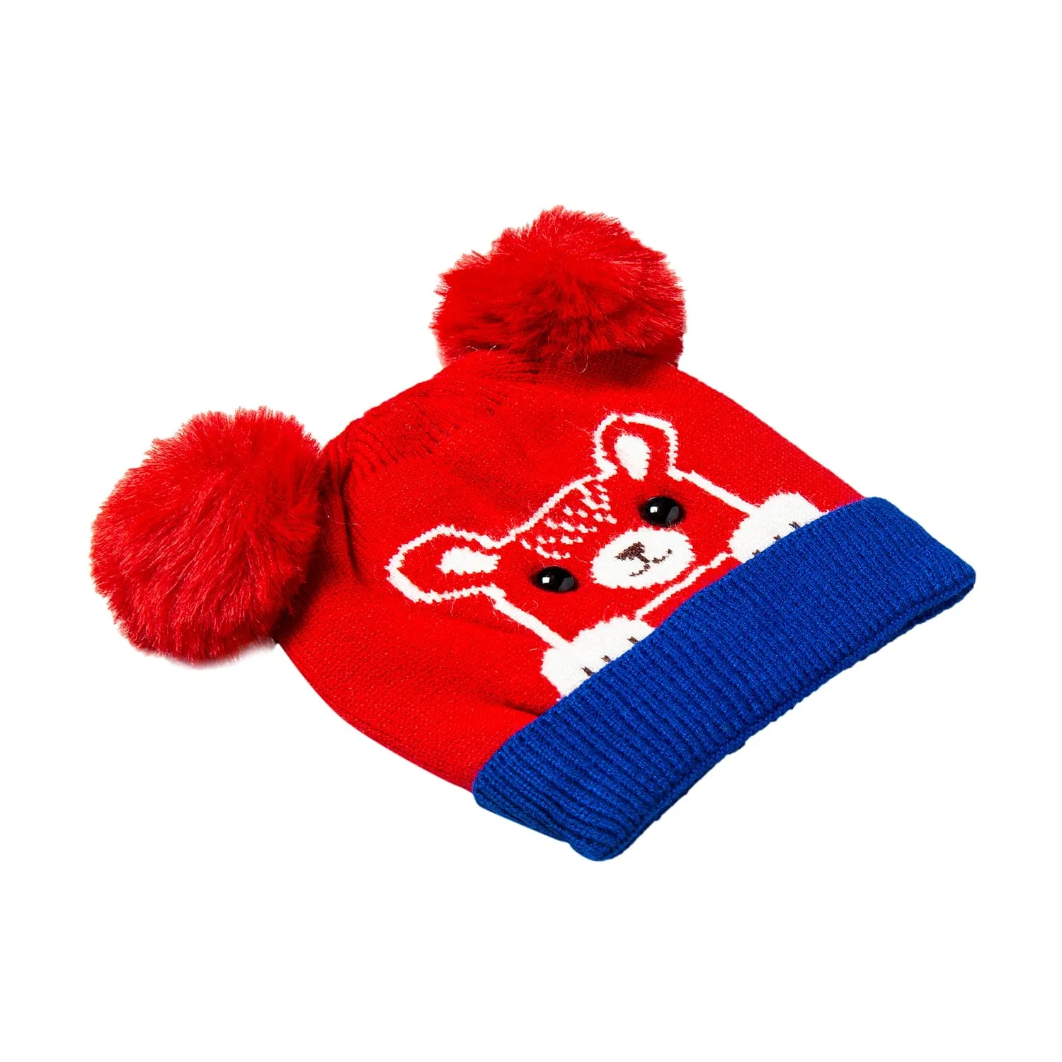 Knit Woollen Cap Pom Pom Bear Red And Blue