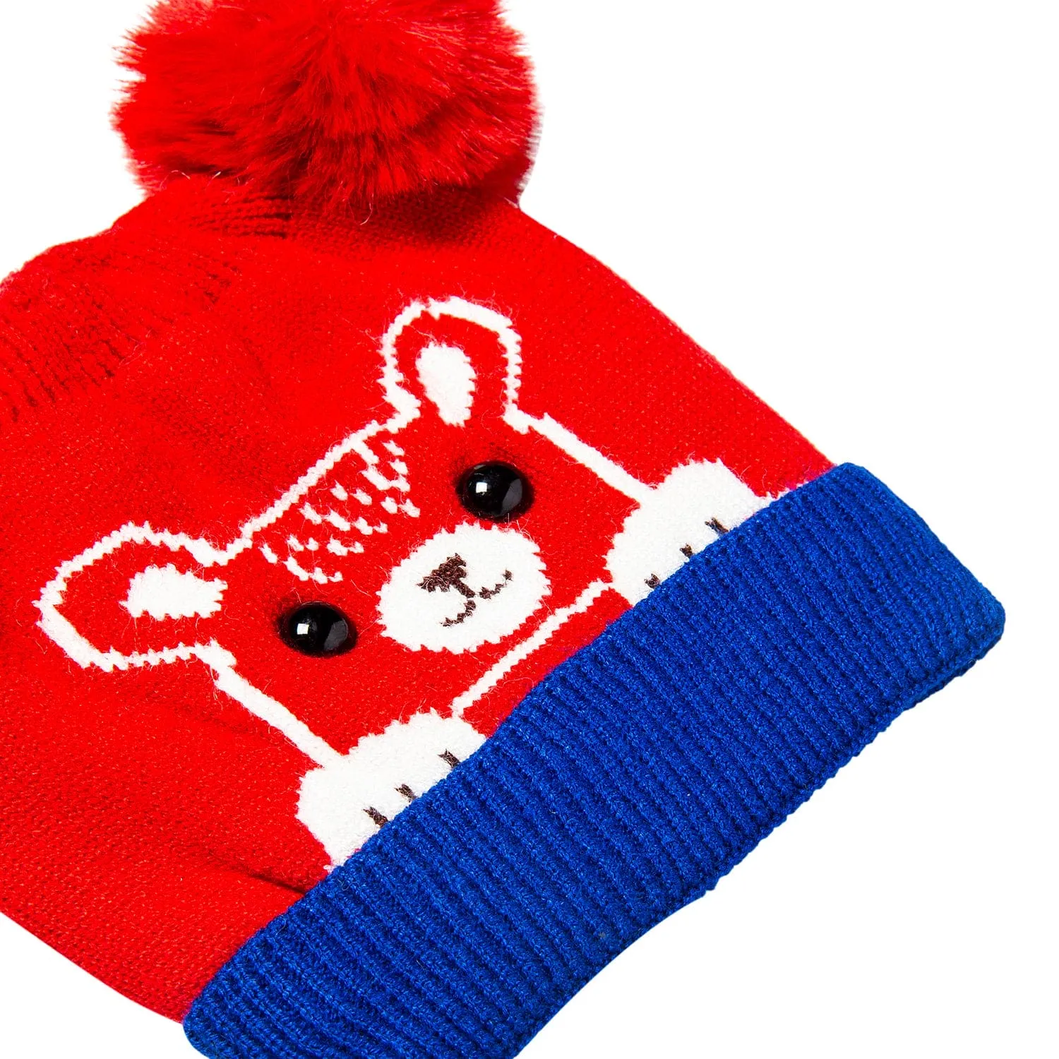 Knit Woollen Cap Pom Pom Bear Red And Blue