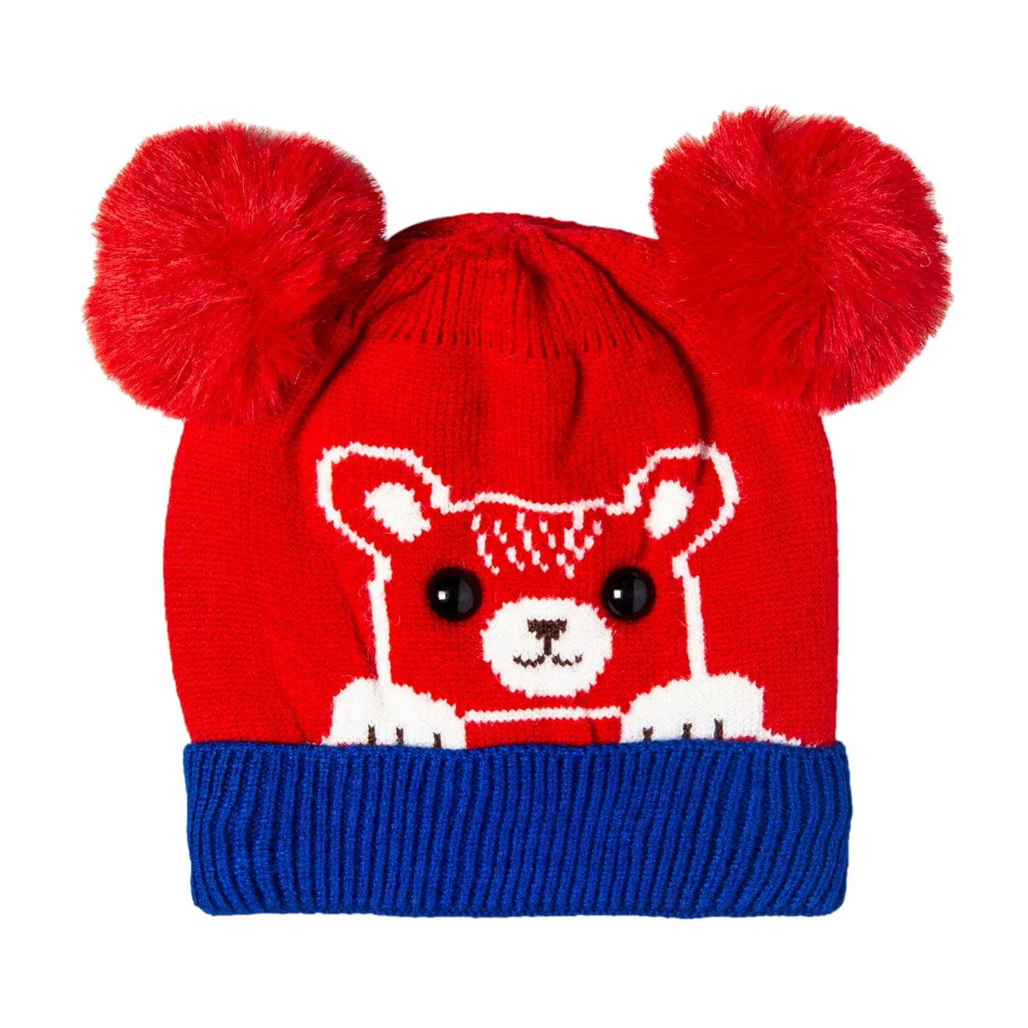 Knit Woollen Cap Pom Pom Bear Red And Blue