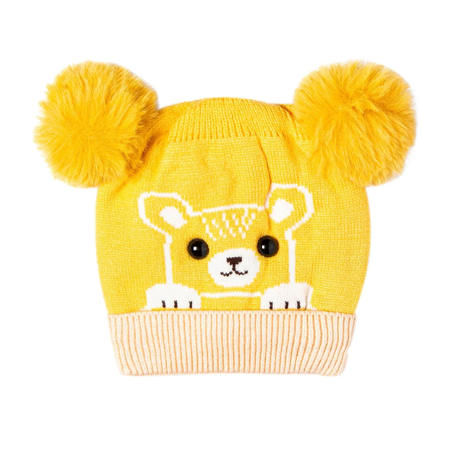 Knit Woollen Cap Pom Pom Bear Yellow