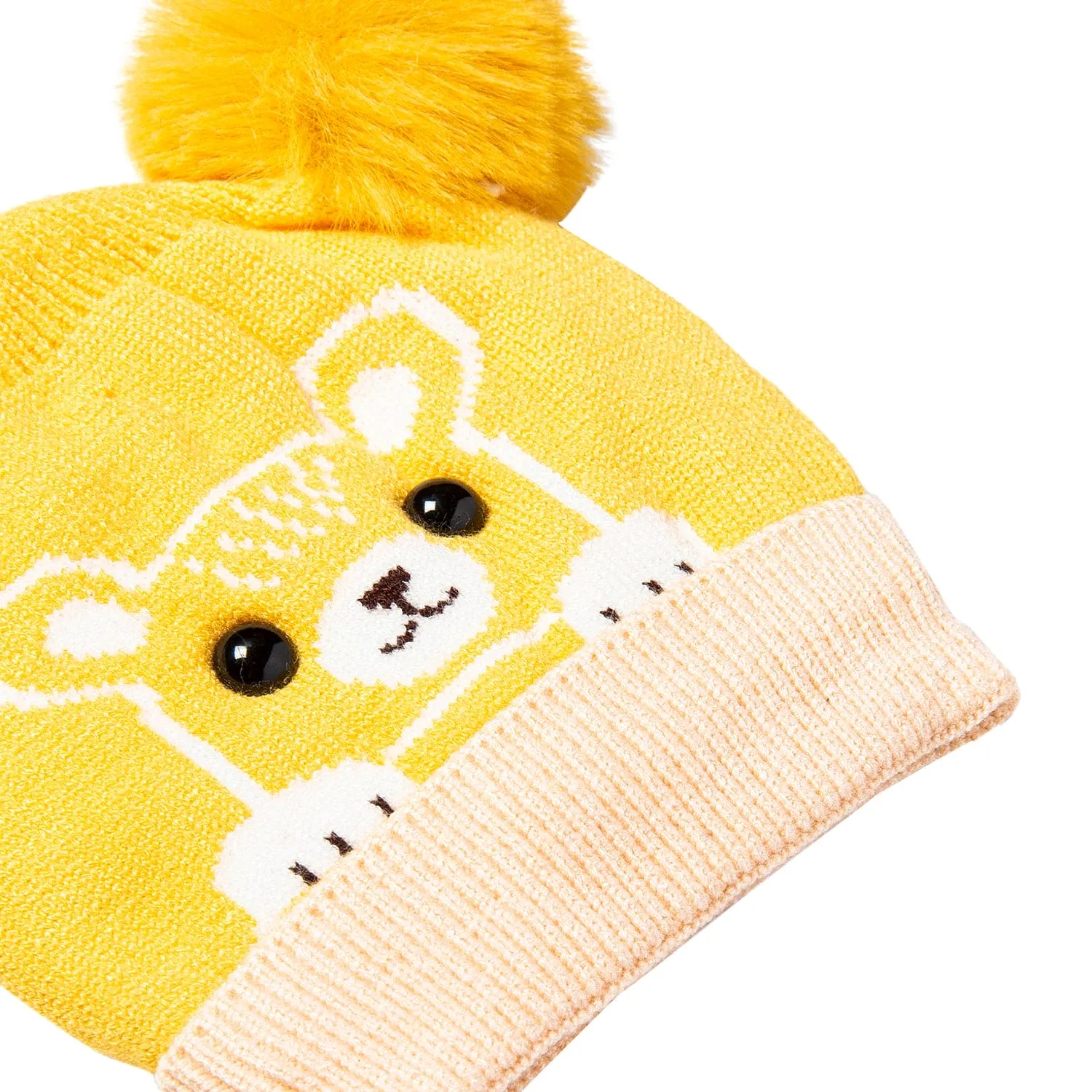 Knit Woollen Cap Pom Pom Bear Yellow