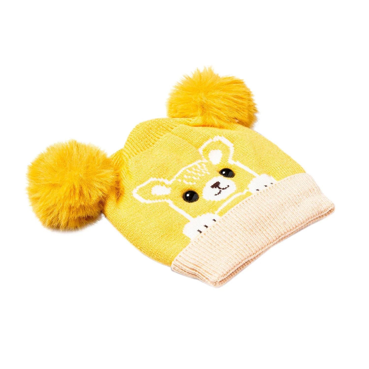 Knit Woollen Cap Pom Pom Bear Yellow