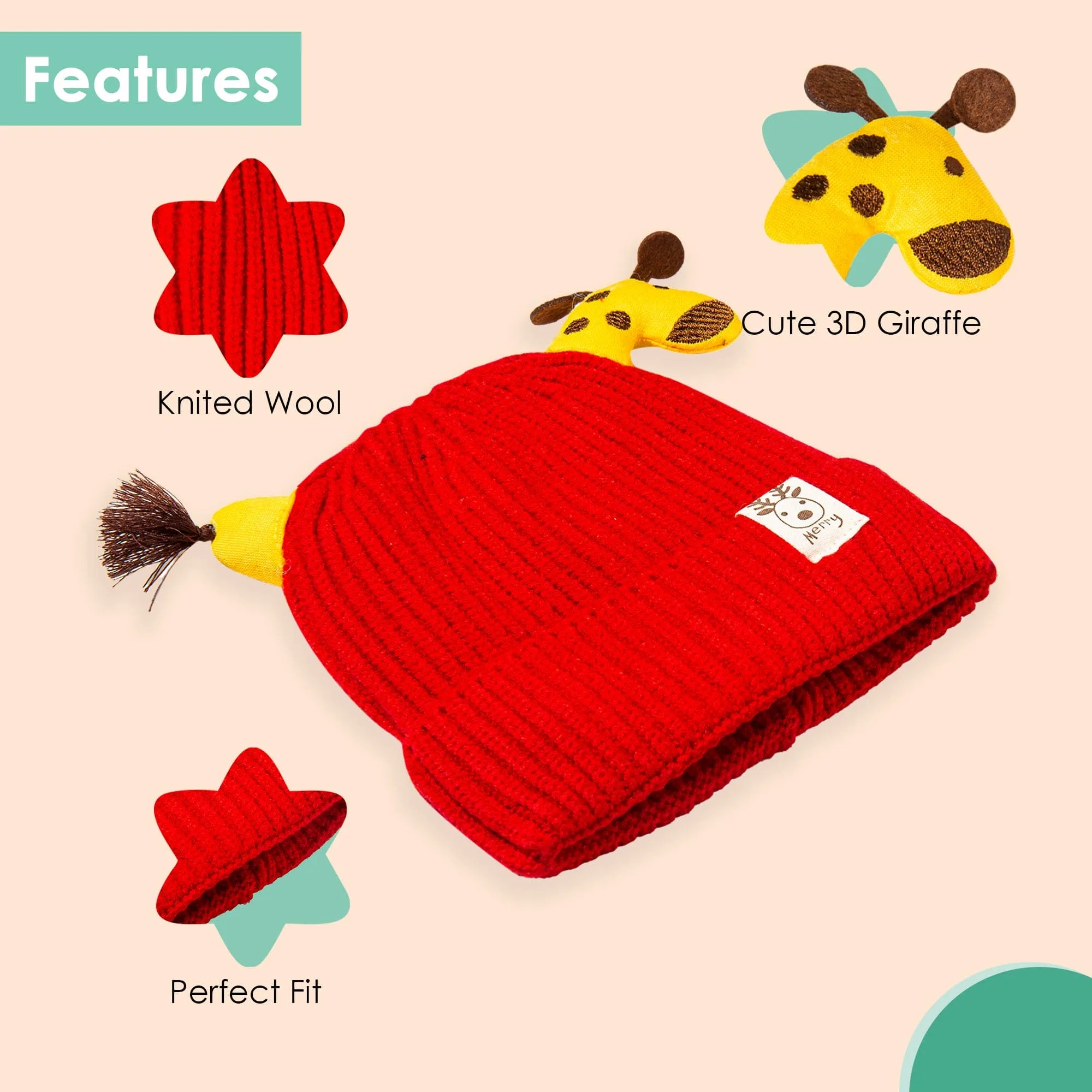 Knit Woollen Cap Winter Beanie 3D Reindeer Antler Red