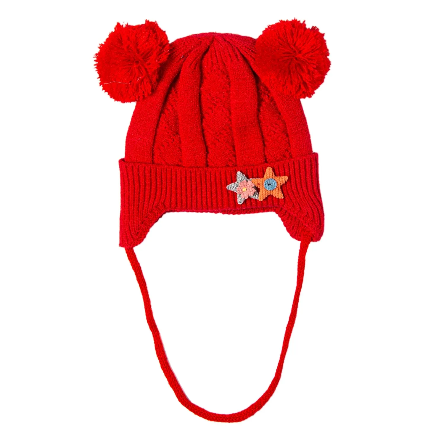 Knit Woollen Cap With Tie For Ear Cover Starry Pom Pom Red