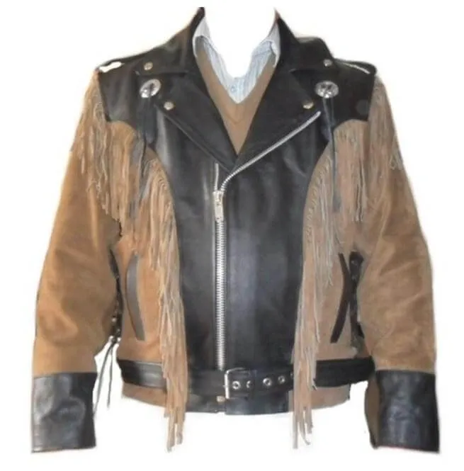 Men 1980's Cowboy Suede Leather Black Beige Jacket ,Cowboy Suede Fringe Jacket