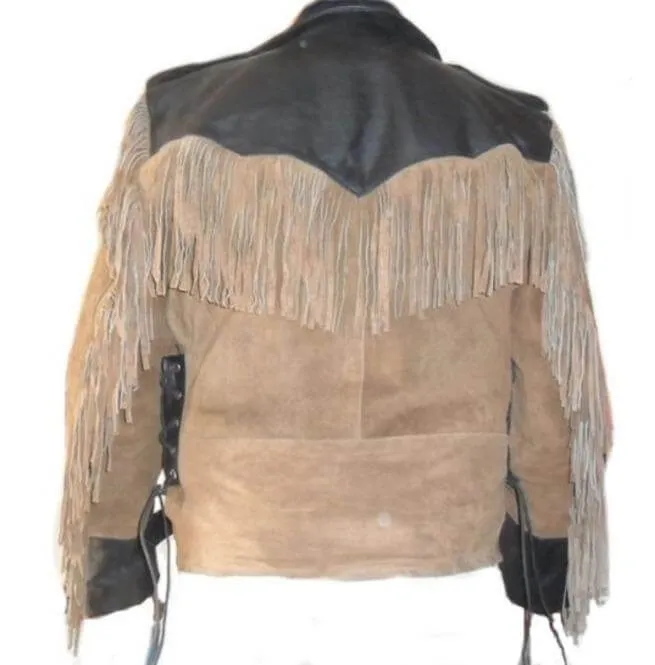 Men 1980's Cowboy Suede Leather Black Beige Jacket ,Cowboy Suede Fringe Jacket