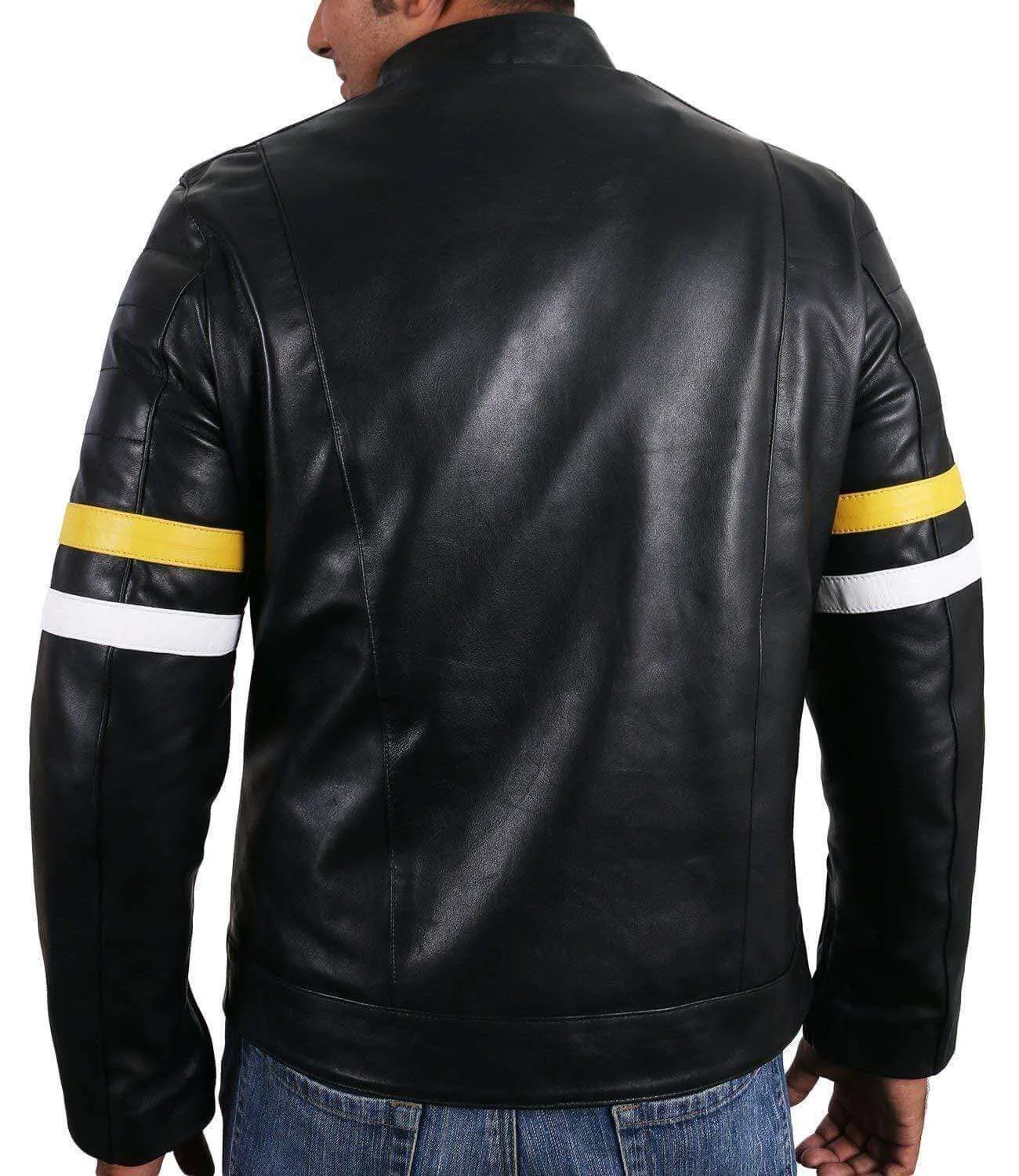 Men Genuine Lambskin Black Leather Tan White Stripped Jacket Slim fit Biker Motorcycle Design jacket