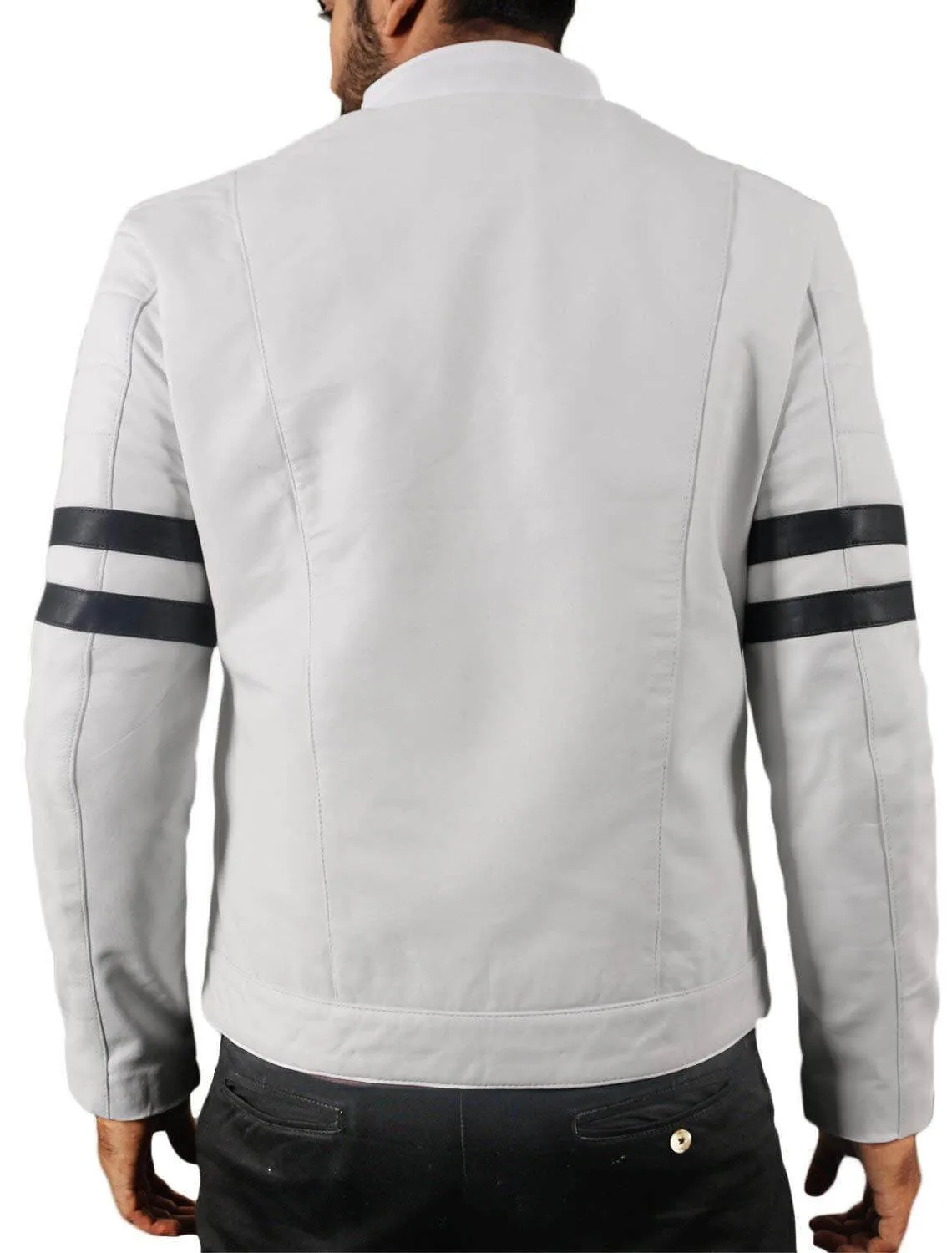 Men Genuine Lambskin White Leather Black Stripped Jacket Slim fit Biker Motorcycle Design jacket