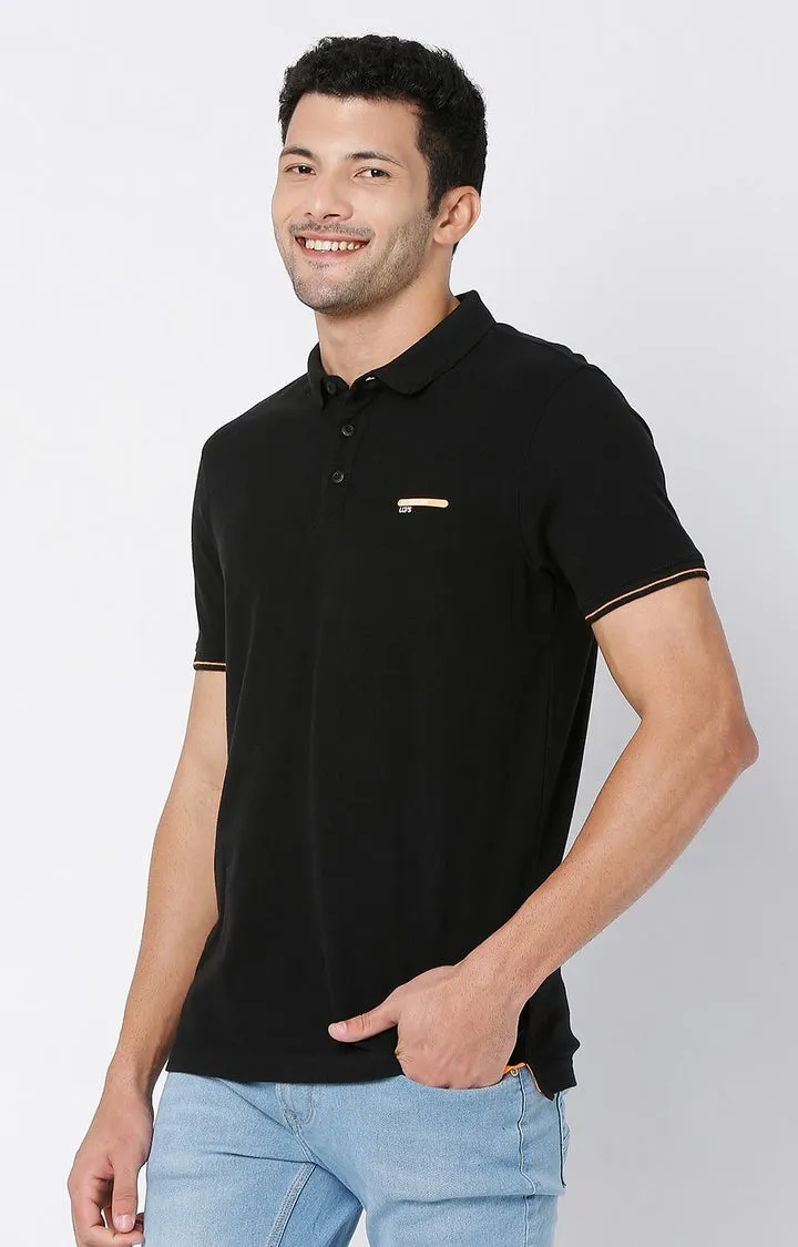 Men Premium Black Cotton Regular Fit Polo Tshirt - Underjeans By Spykar