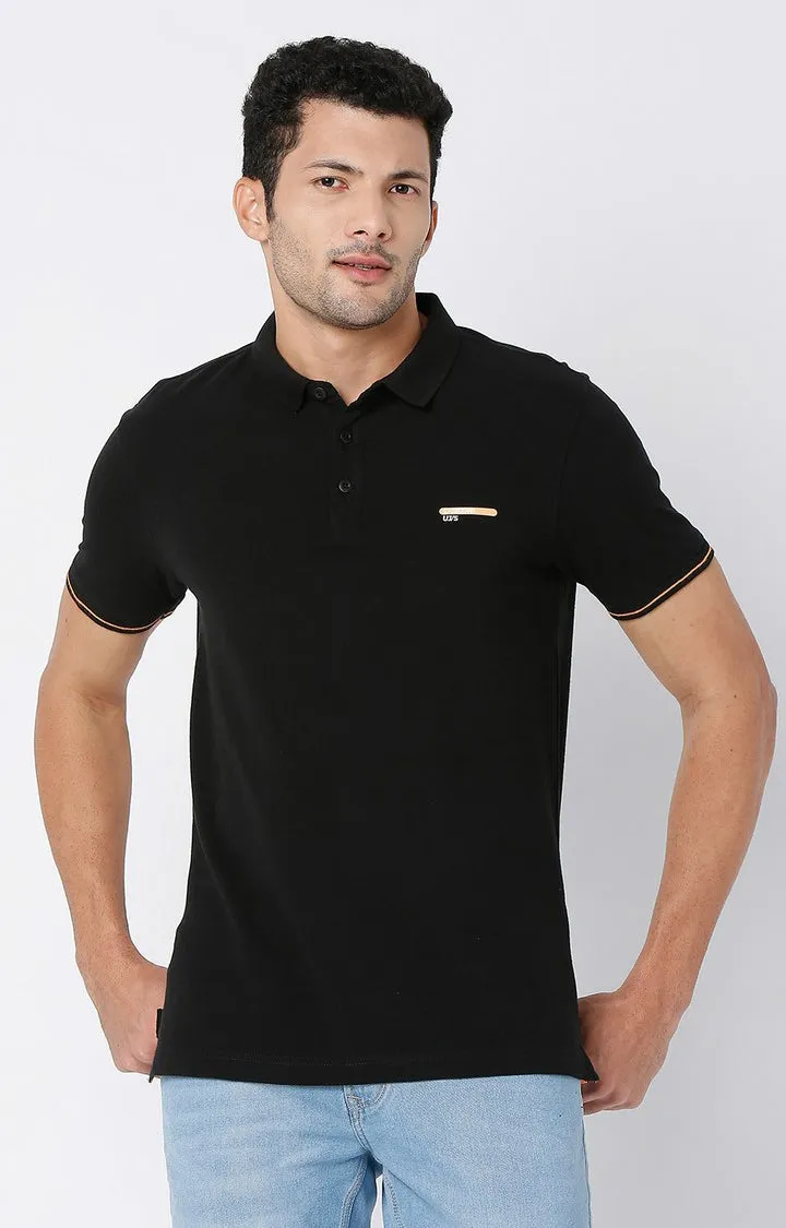 Men Premium Black Cotton Regular Fit Polo Tshirt - Underjeans By Spykar