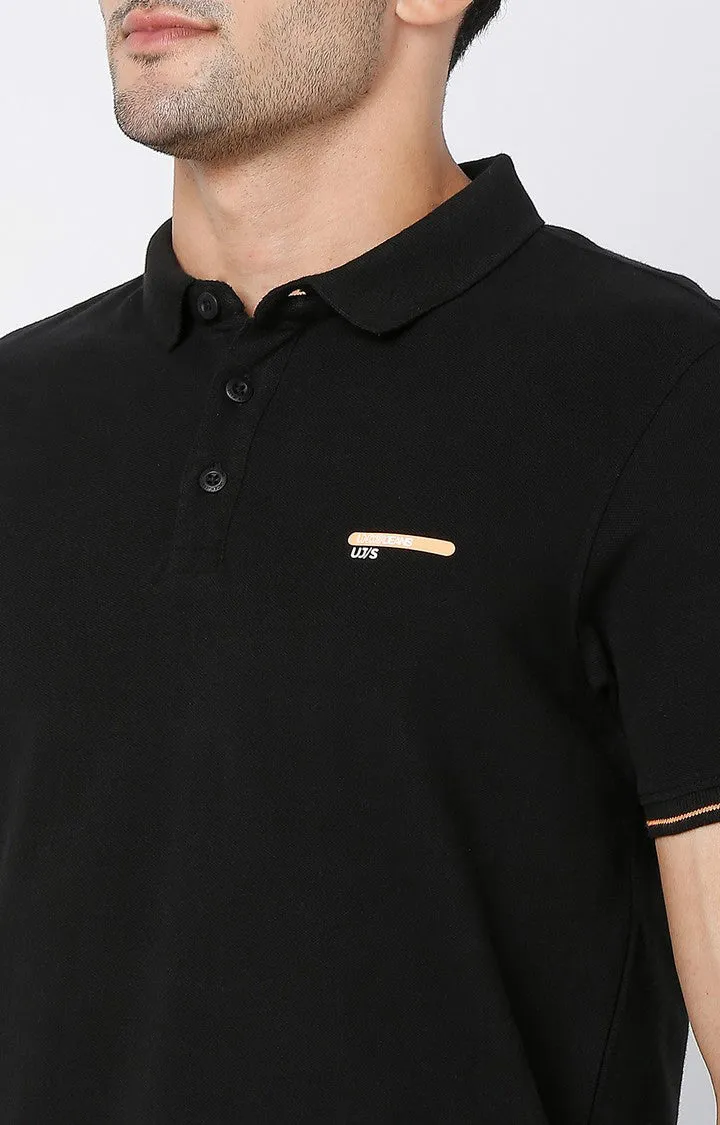 Men Premium Black Cotton Regular Fit Polo Tshirt - Underjeans By Spykar