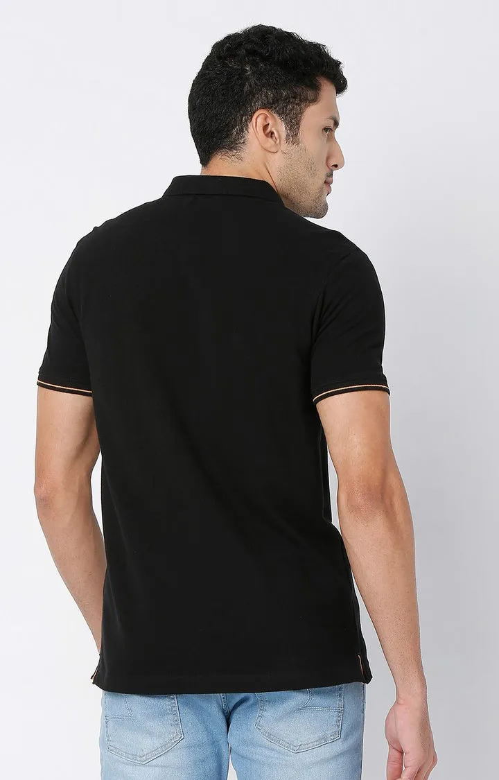 Men Premium Black Cotton Regular Fit Polo Tshirt - Underjeans By Spykar