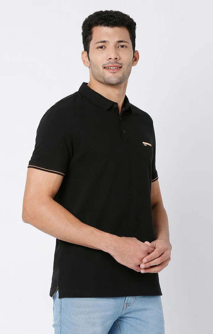 Men Premium Black Cotton Regular Fit Polo Tshirt - Underjeans By Spykar