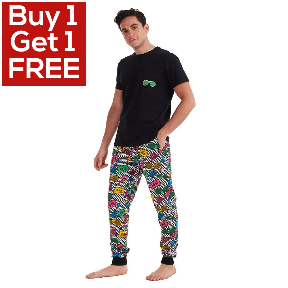 Men summer pajama set Black T-shirt   Retro pants