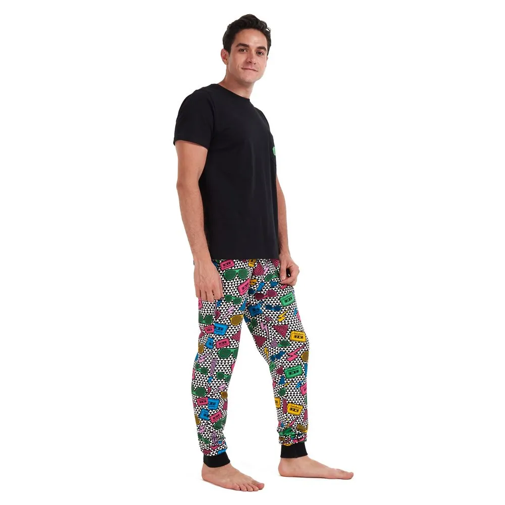 Men summer pajama set Black T-shirt   Retro pants