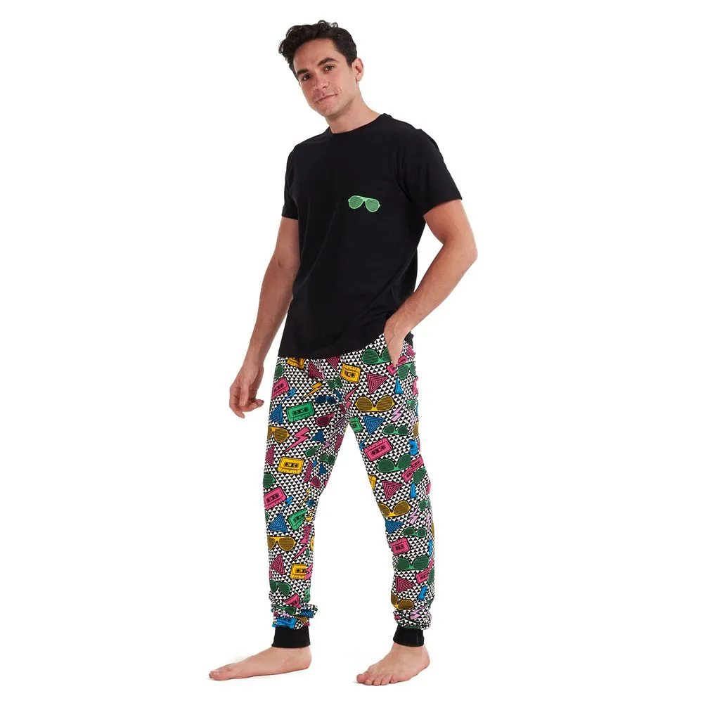 Men summer pajama set Black T-shirt   Retro pants