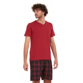 Men summer pajama set Dark red T-shirt   Black x red checkered short