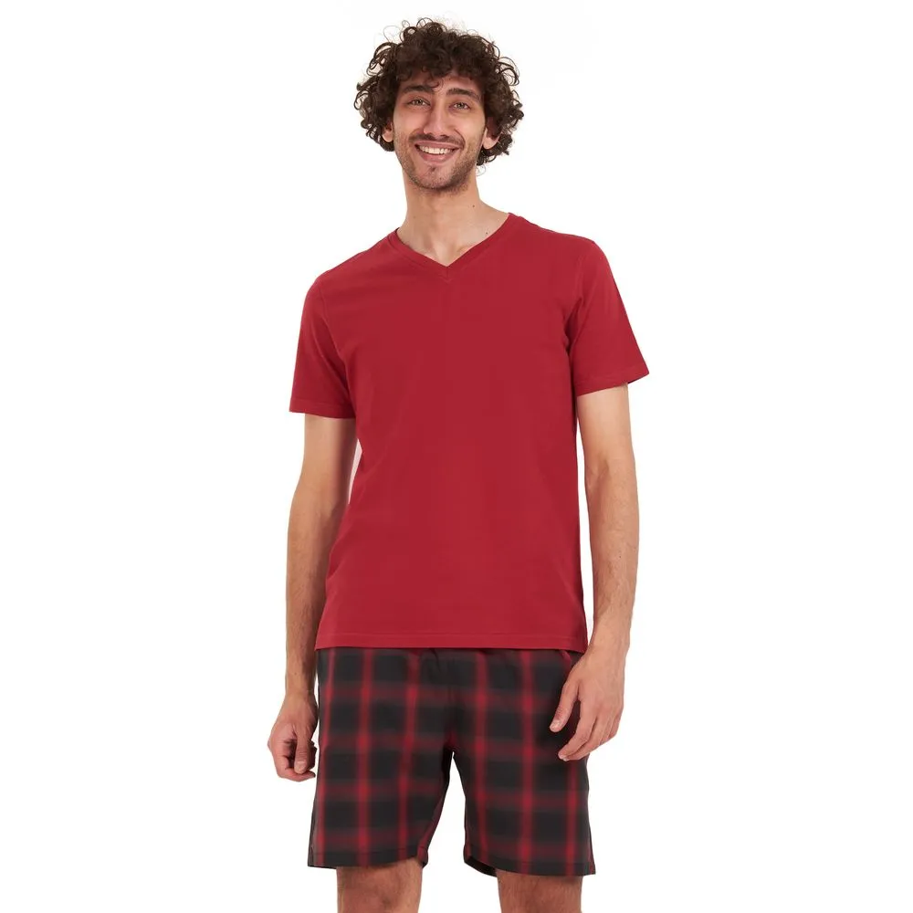 Men summer pajama set Dark red T-shirt   Black x red checkered short