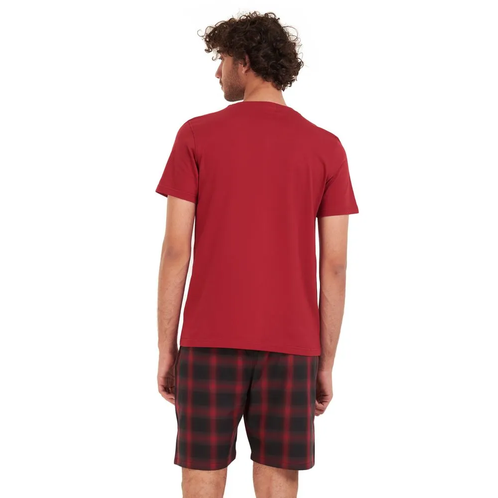 Men summer pajama set Dark red T-shirt   Black x red checkered short