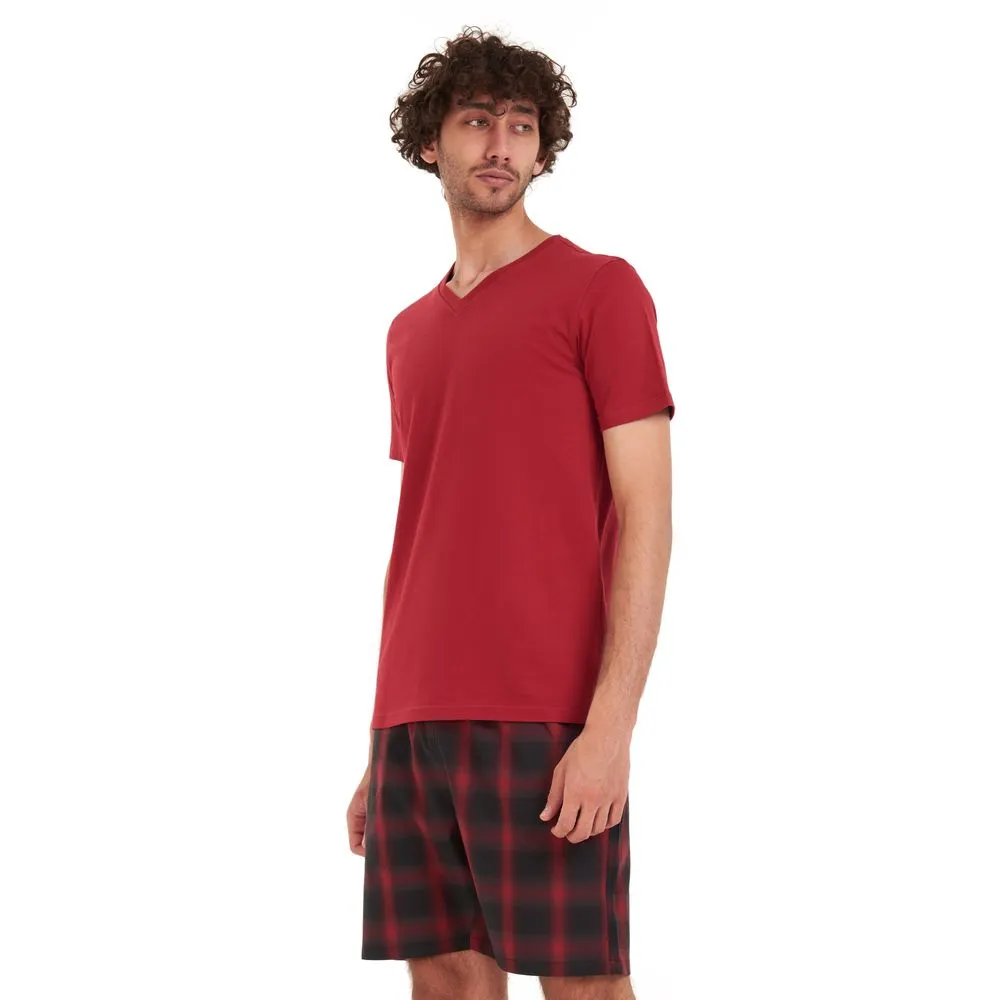 Men summer pajama set Dark red T-shirt   Black x red checkered short