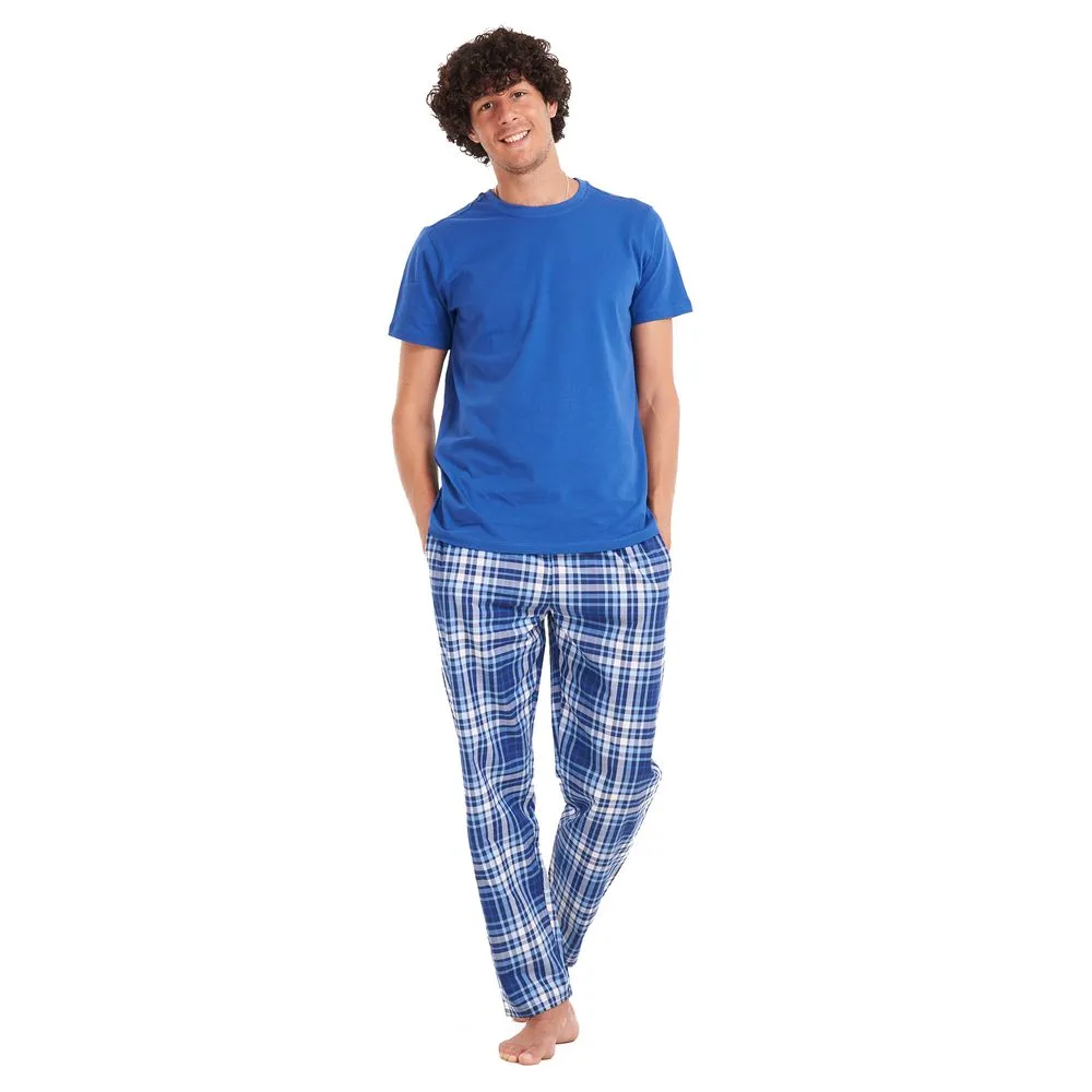 Mens Summer Pajama Set: Indigo T-Shirt with Grey Checkered Pants