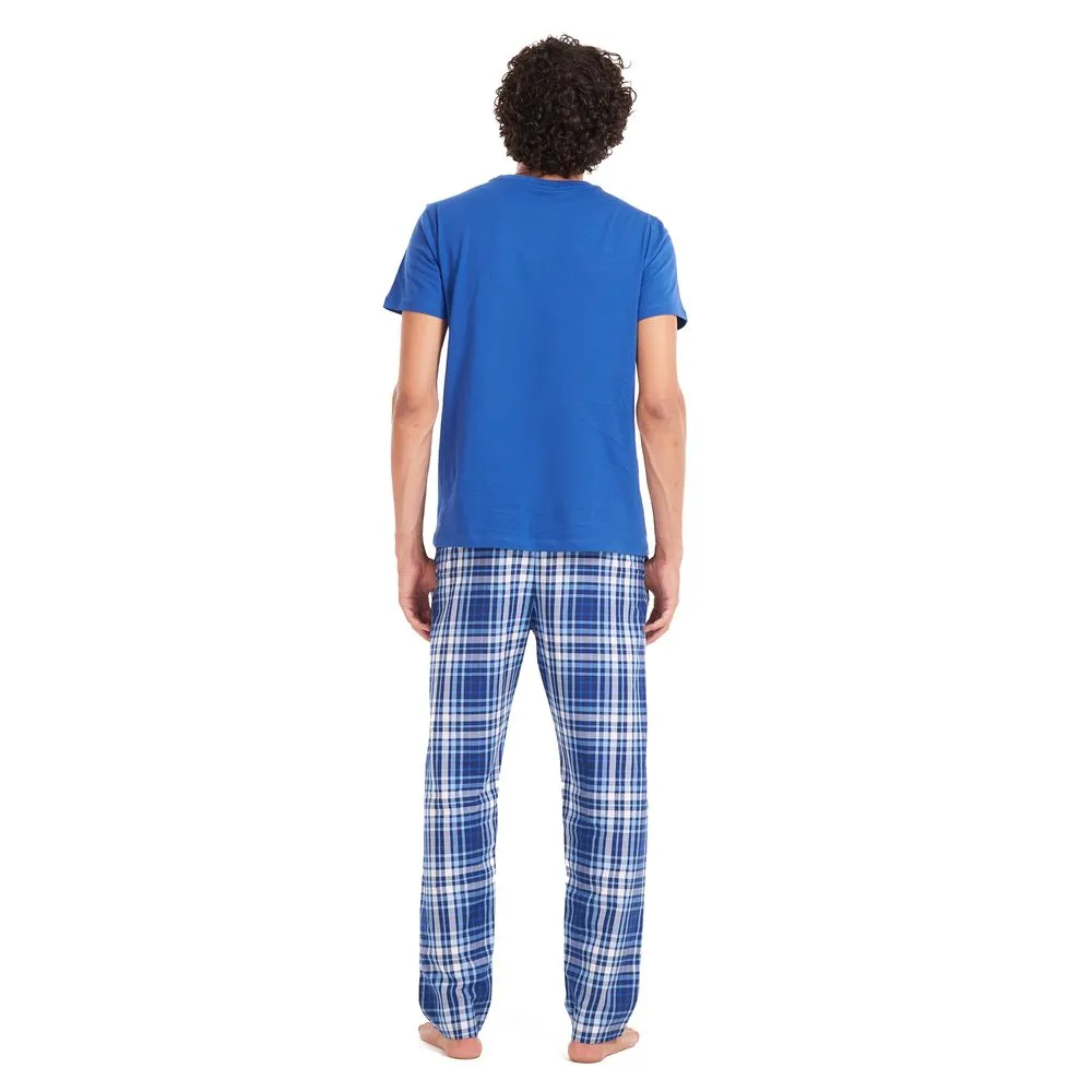 Mens Summer Pajama Set: Indigo T-Shirt with Grey Checkered Pants