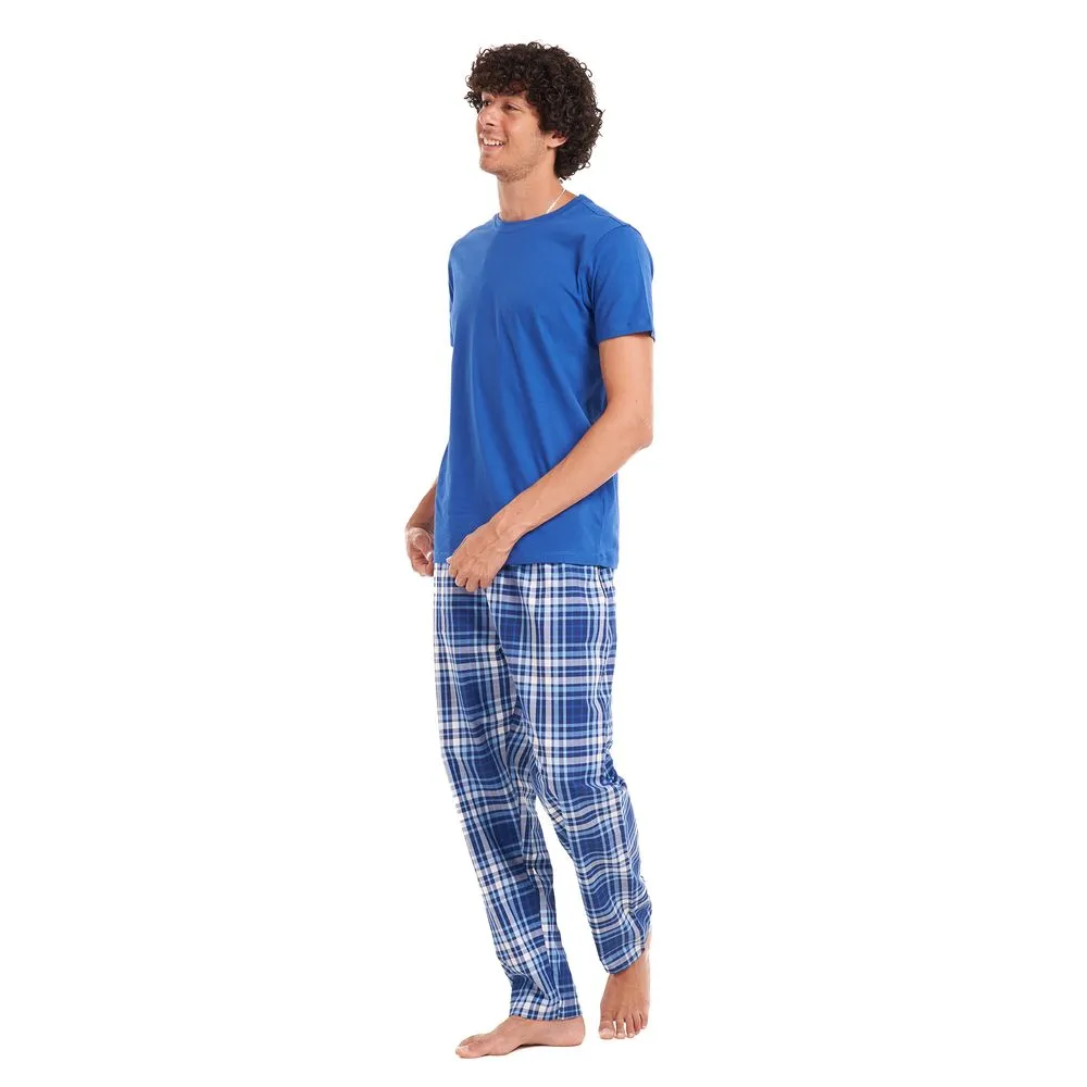 Mens Summer Pajama Set: Indigo T-Shirt with Grey Checkered Pants