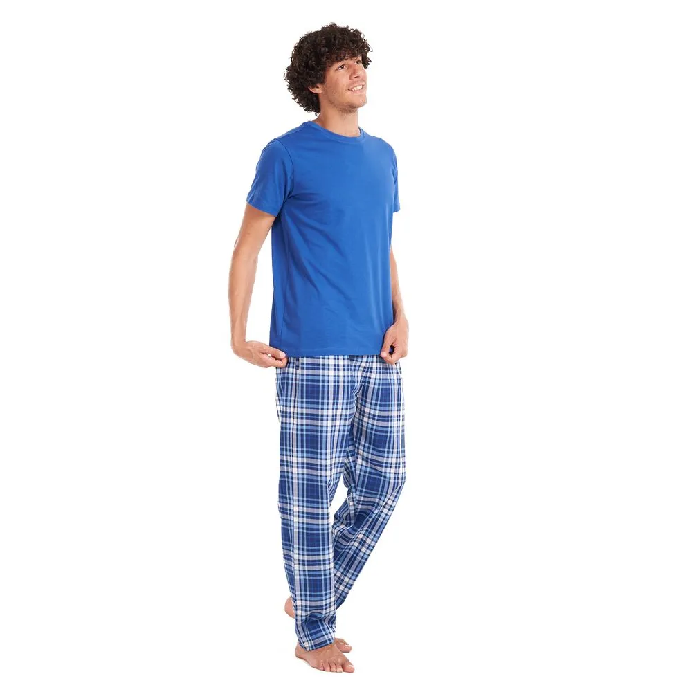 Mens Summer Pajama Set: Indigo T-Shirt with Grey Checkered Pants