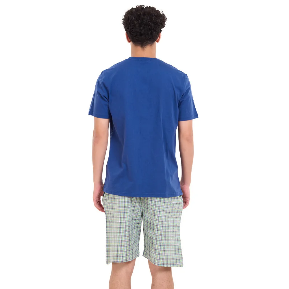 Men summer pajama set Indigo T-shirt   Olive x Indigo Checkered Shorts