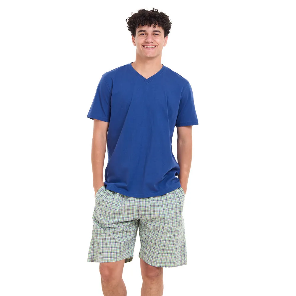 Men summer pajama set Indigo T-shirt   Olive x Indigo Checkered Shorts