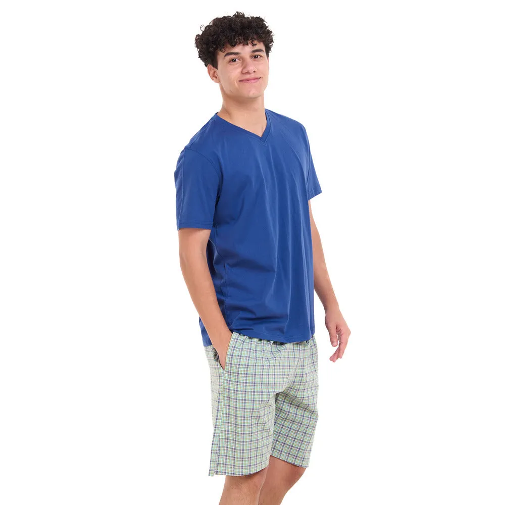 Men summer pajama set Indigo T-shirt   Olive x Indigo Checkered Shorts