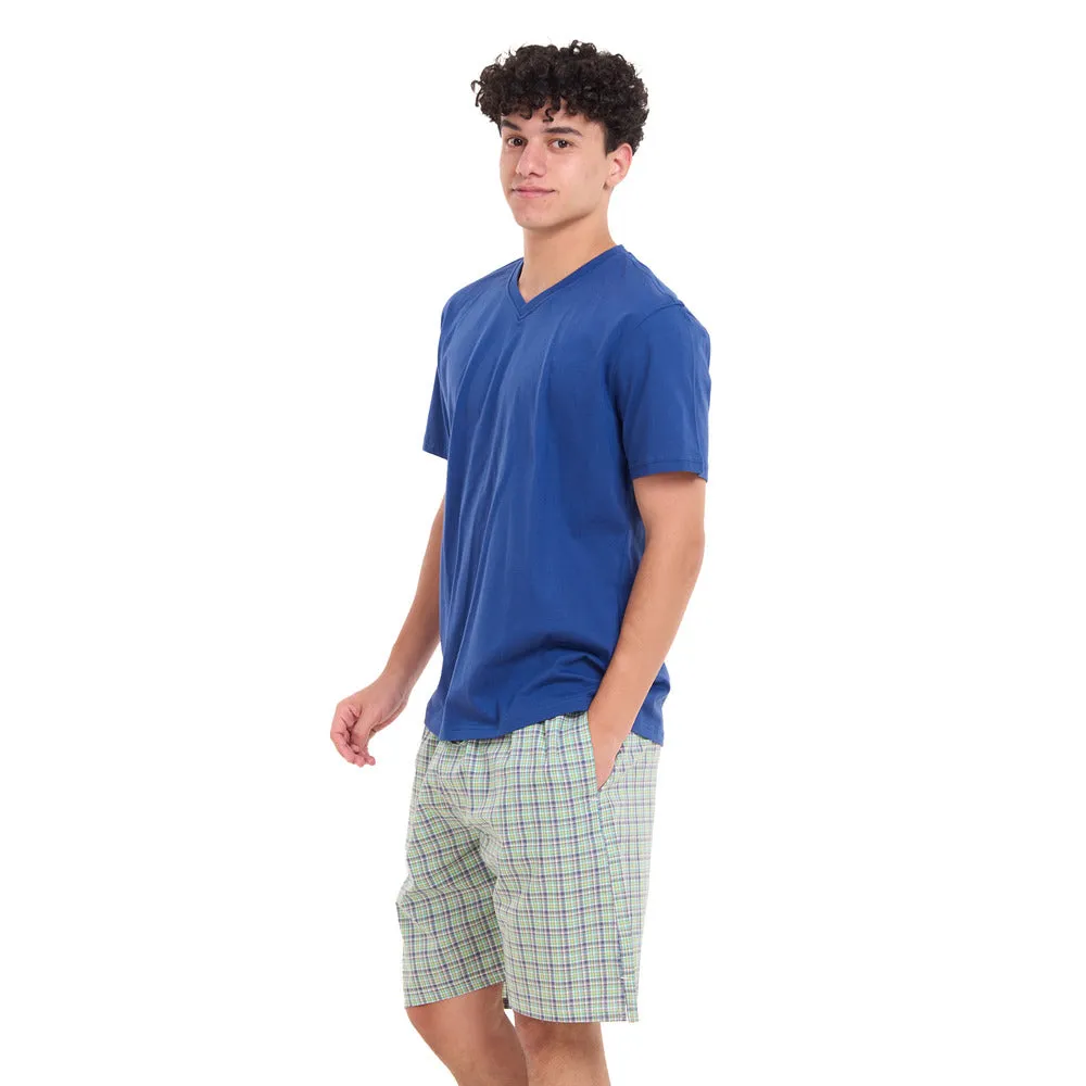 Men summer pajama set Indigo T-shirt   Olive x Indigo Checkered Shorts