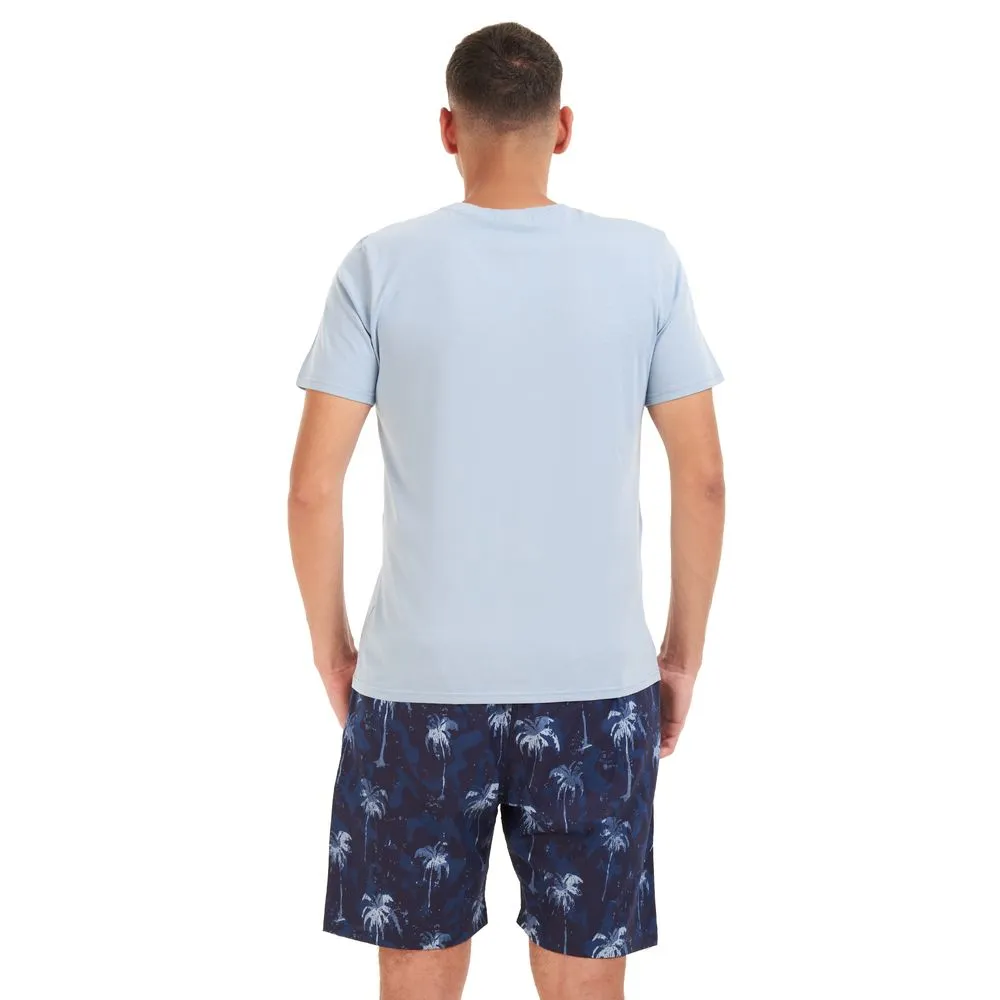 Men summer pajama set Light blue T-shirt   Dark blue Palm short