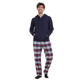 Men Winter Pajama Set Dark blue Hoodie   Red x Dark blue Checkered Pants