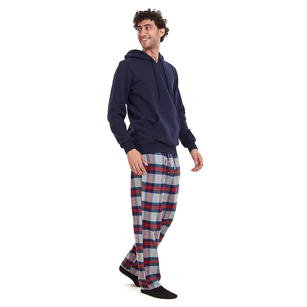 Men Winter Pajama Set Dark blue Hoodie   Red x Dark blue Checkered Pants