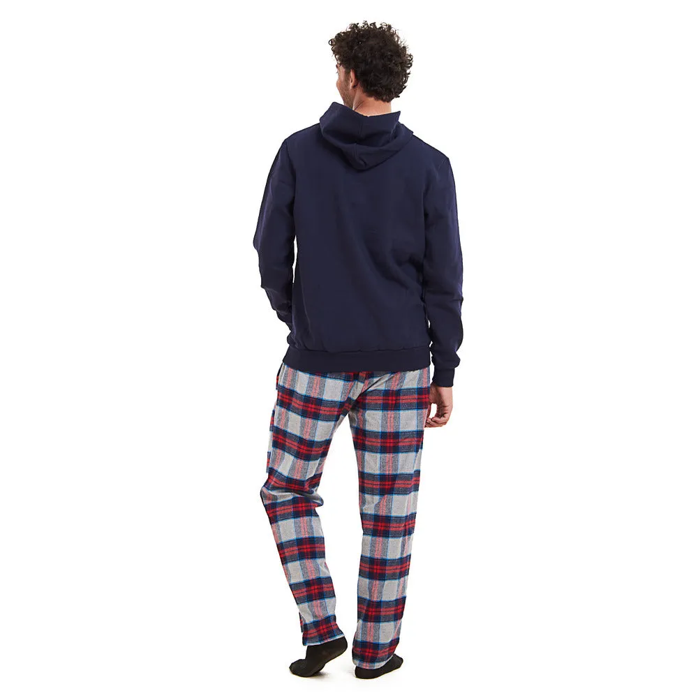 Men Winter Pajama Set Dark blue Hoodie   Red x Dark blue Checkered Pants