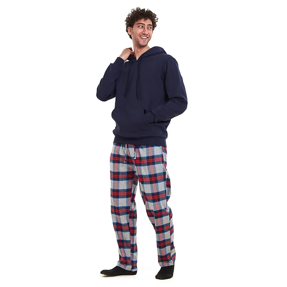 Men Winter Pajama Set Dark blue Hoodie   Red x Dark blue Checkered Pants