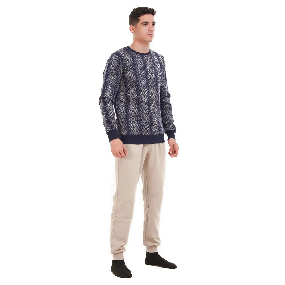 Men Winter Pajama Set Dark blue waves sweatshirt   Beige Pants