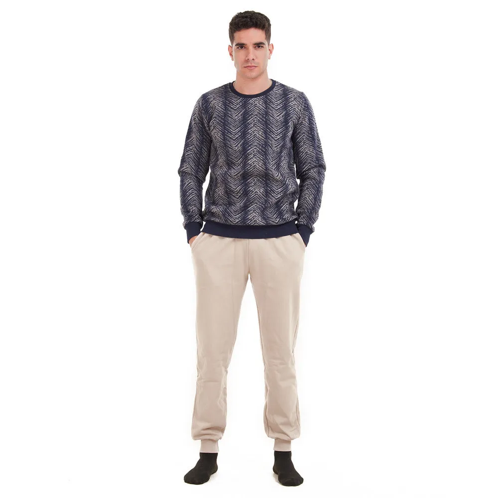 Men Winter Pajama Set Dark blue waves sweatshirt   Beige Pants