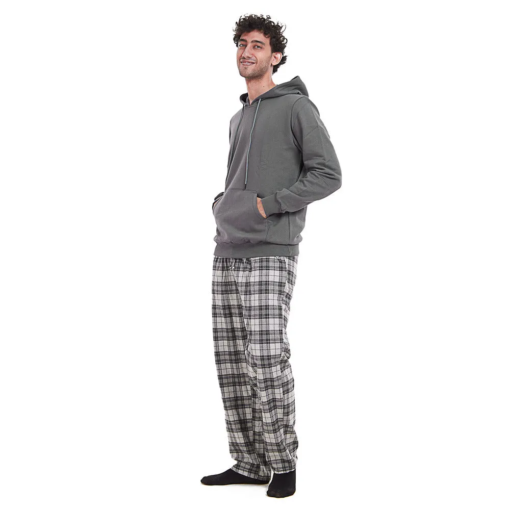 Men Winter Pajama Set Dark grey Hoodie   Dark Grey Checkered Pants