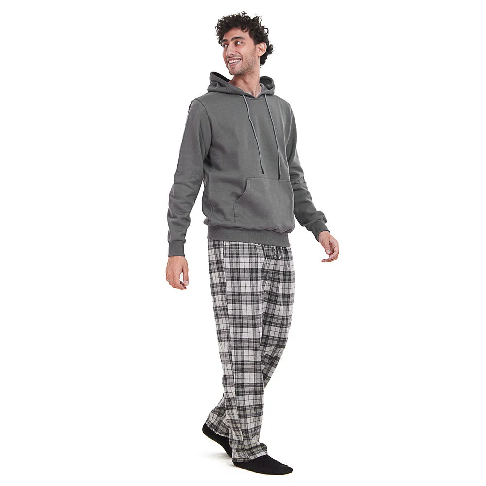 Men Winter Pajama Set Dark grey Hoodie   Dark Grey Checkered Pants