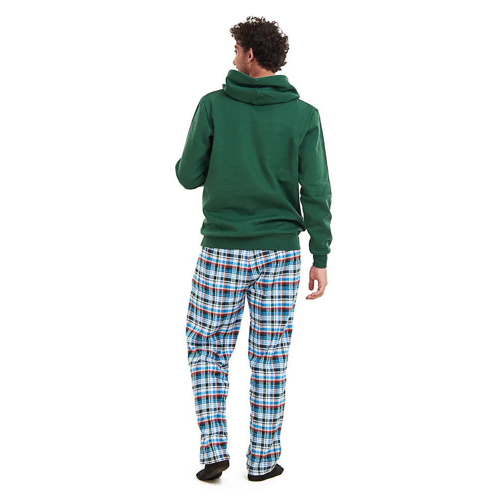 Men Winter Pajama Set Green Hoodie   Turquoise x Dark Green Checkered Pants