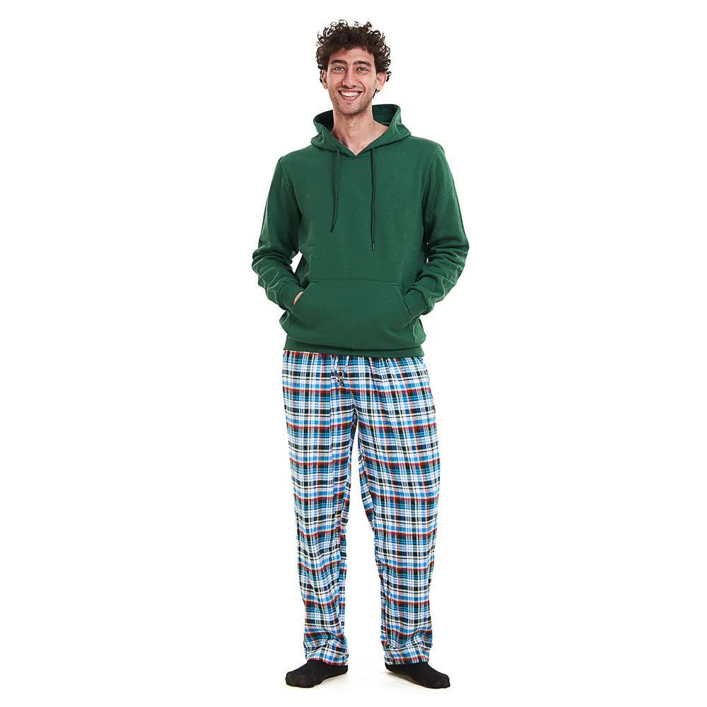 Men Winter Pajama Set Green Hoodie   Turquoise x Dark Green Checkered Pants