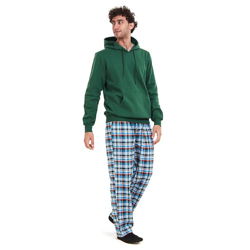 Men Winter Pajama Set Green Hoodie   Turquoise x Dark Green Checkered Pants